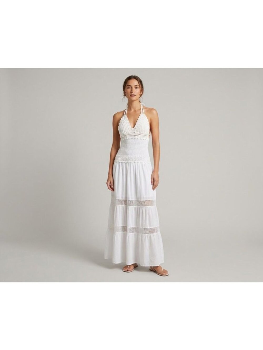 Blanco Womens Maxi Dress L White 100% Cotton Crochet Lace Boho Made Peru
